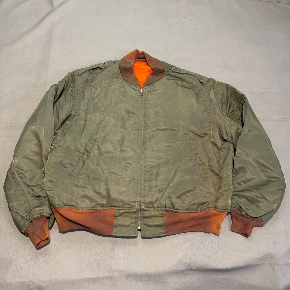 VTG 80s MA-1 Flight Jacket Olive Green Sun Fade Distress Bomber Military-L-XXXX